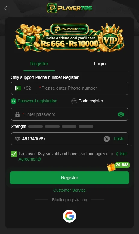 Player786 Game Account register