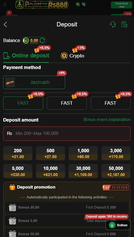Player786 Game deposit